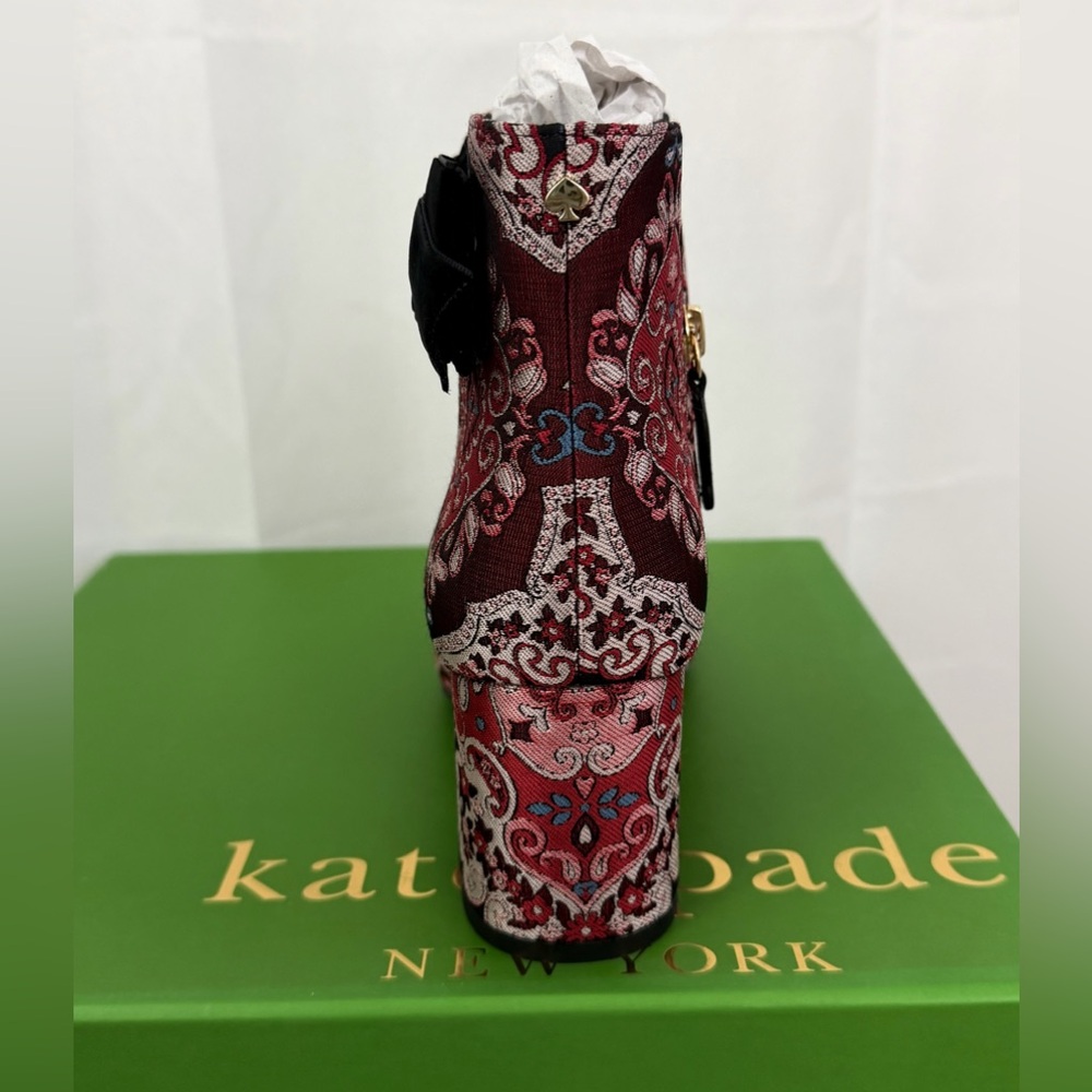Kate Spade Holly Red &Black Paisley Brocade Fabric Ankle Boots with Bow 8.5M NWT - Picture 5 of 11